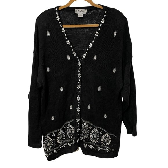 Vintage Extra Point Cardigan Sweater Size 3X Black Bling Rhinestones Snap Front - Picture 1 of 10
